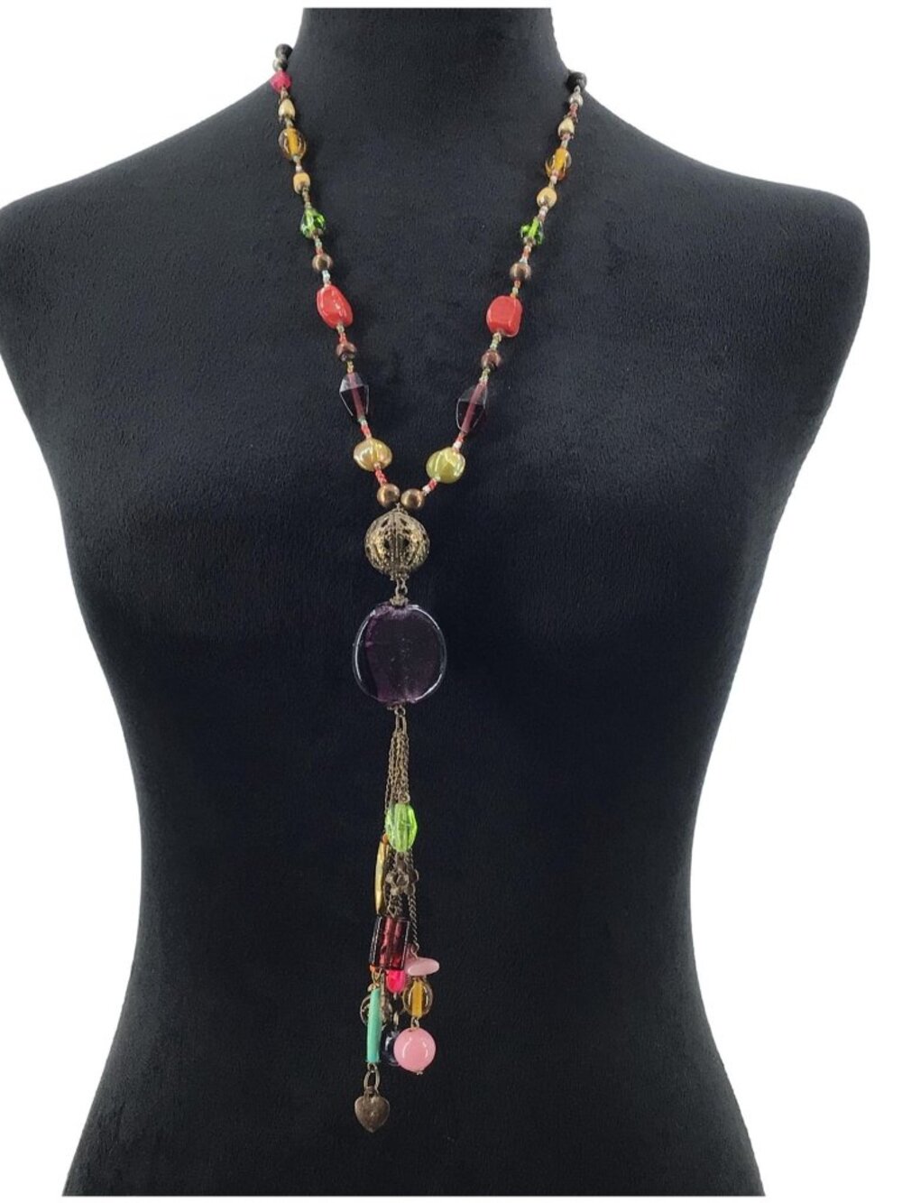 Tassel Necklace Mixed Glass Beads Purple Pink Blue Adjustable Length Casual Work